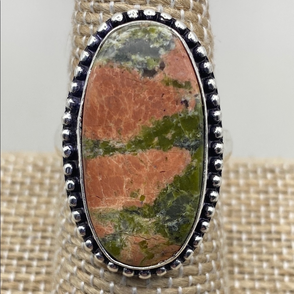 New Unakite Crystal Stone Silver Overlay Ring Size 8